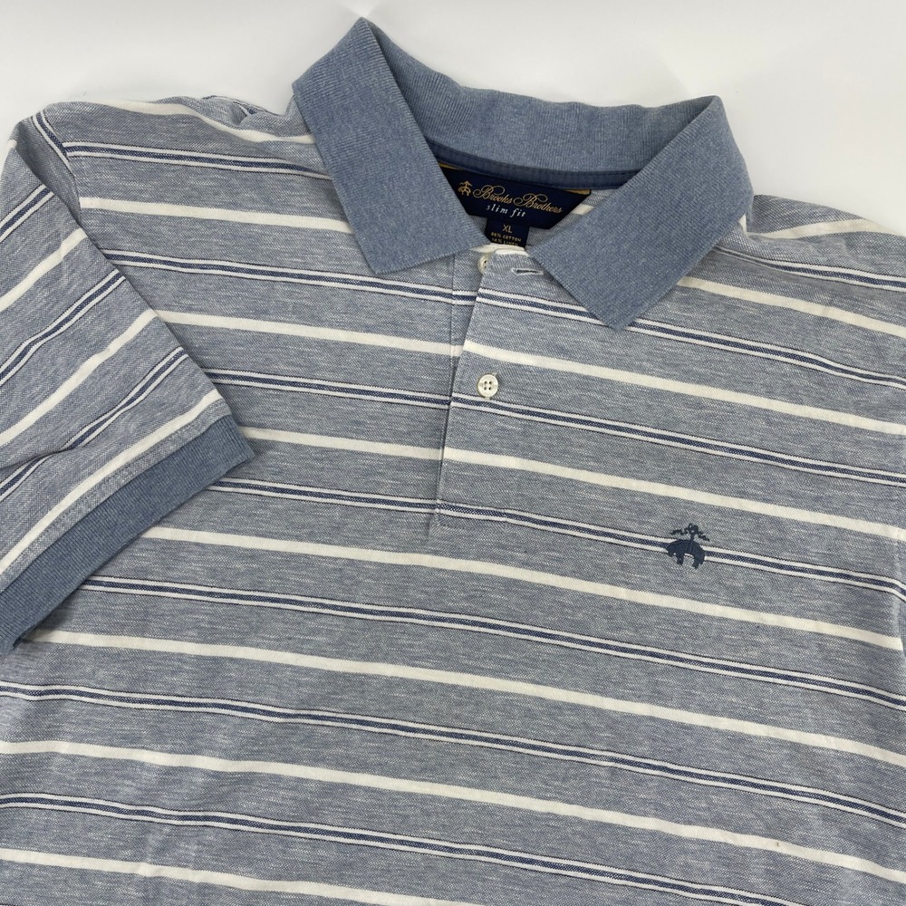 Brooks Brothers Mens XL Slim Fit Striped Short Sleeve‎ Polo Shirt Blue White
